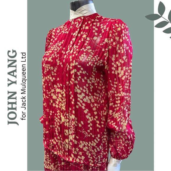 Vintage 80’s Skirt Top Set Red Gold Floral Print Cream Accent Blouse Size Size 8 - Picture 9 of 10
